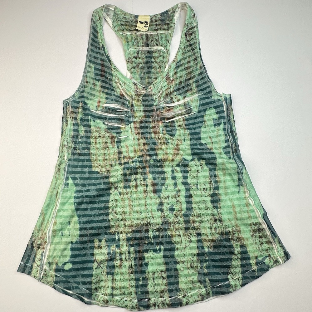 Free People Slashed Burnout Striped Tank Top Green Tie Dye XSP Vintage Y2K Shirt